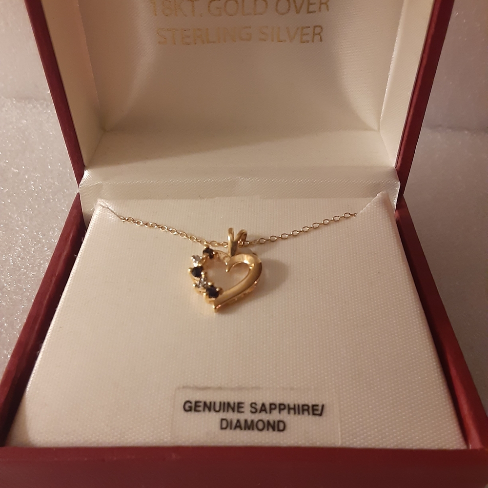 Gold Heart Necklace with Sapphire and Diamond Accents 18K Over Sterling Silver